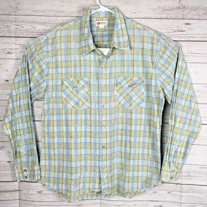 BKE 67 Mens Button Up Shirt Long Sleeve XL Blue Yellow Pearl Snap Buttons Buckle
